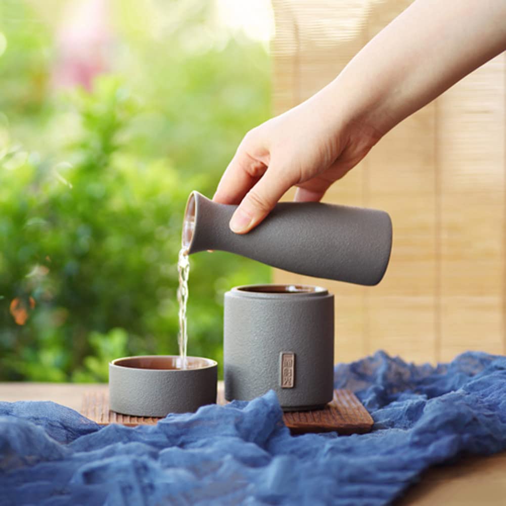Set da 4 pezzi per sake, set di tazze per sake in ceramica grigia tradizionale retrò giapponese, con 2 tazze per sake, 1 pentola riscaldante e 1 pentola per sake, design elegante, miglior regalo per