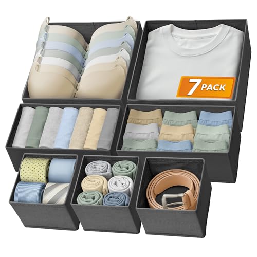 Reli. Drawer Organizers Clothes 7 Pack | Foldable Dresser Drawer Organizer | Fabric Drawer Dividers, Gray Dresser Drawer Organizers, Foldable Closet Storage Bins, Socks, Underwear, Ties, Bras, Nursery