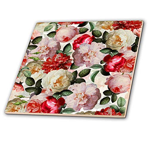 8 Inch Glass Tile - Vintage Botanical Roses And Peony