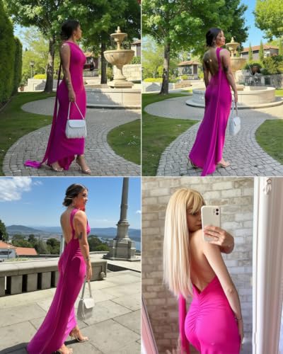 Image of Suillty Women's Sexy Oblique Shoulder Backless Maxi Dress Ruched Back Strap Sleeveless Party Club Long Dresses Bodycon
