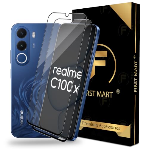 Image of FIRST MART Tempered Glass Screen Protector for Realme C100x - Full-Glue Screen Guard, 3D Edge to Edge, HD Clear, Bubble-Free, Case-Friendly, Black, Pack of 2