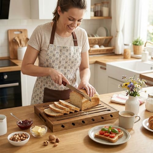 Image of Goaste Wood Bread Cutting Board with Crumb Catcher, 15 Inch Bread Slicer Board with Crumb Holder Tray, Premium Natural Chopping Board for Bagels Sourdough Homemade Loaves, Double as Bread Serving Tray