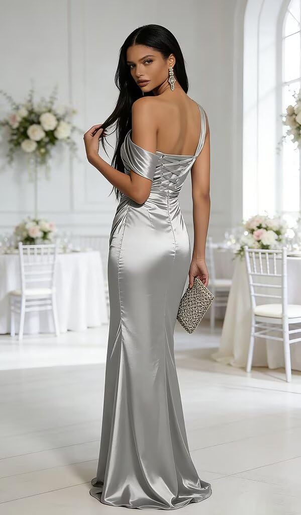 One Shoulder Satin Prom Dress Long Ruched Satin Bridesmaid Dress Mermaid Evening Gown VA13 - Image 2