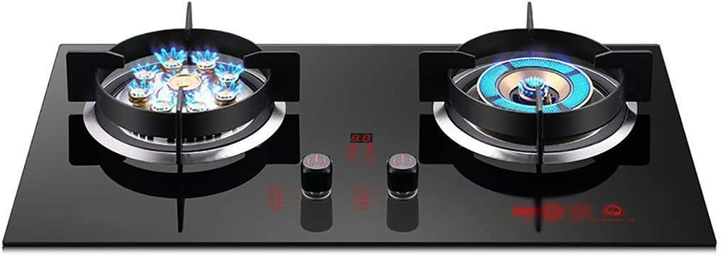 Gas Stove Gas Built-in Gas Cooktop 2 Cast Iron Portable Hob Rings (7000W&5200W) 99 Minutes Touch Timer Child Lock Safety Protection for Warming Cooking Boiling Frying Simmering [Energy C