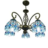 XOUVY Plafonnier en verre bleu méditerranéen créatif éclairage lustre de style Tiffany, éclairage suspendu de chambre à coucher en fer antique à 5 bras pour salle à manger salon club E27,