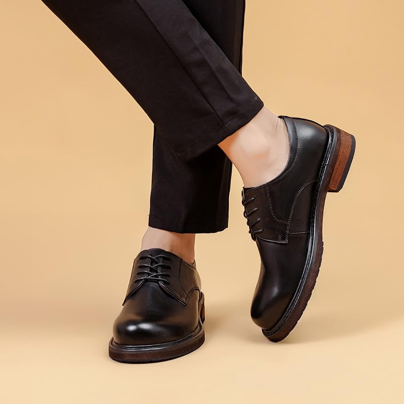 Dress Oxford for Men Lace Up Round Toe Genuine Leather Derby Shoes Block Heel Slip Resistant Rubber Sole Classic4