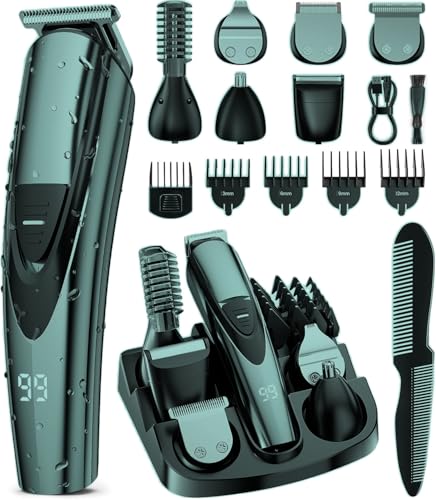 SHPAVVER Beard Trimmer for Men: Professional Barber Hair Clippers - 12-in-1 Cordless Grooming Kit - Waterproof Electric Razor with Turbo Speed & Precision Blades, Green