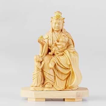 仏像　金属工芸　骨董品　鬼子母神　獅子　アンティーク 木彫仏像 中山鬼子母神立像 総高60cm 桧材木地仕上 木彫仏像の制作