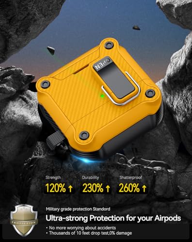 Image of Pohgelan for AirPods 4 Case with Safety Lock-Yellow | Carbon Fiber Texture Cover,Magnetic Automatic Lock with Cleaning Kit&Keychain,Compatible with Magsafe