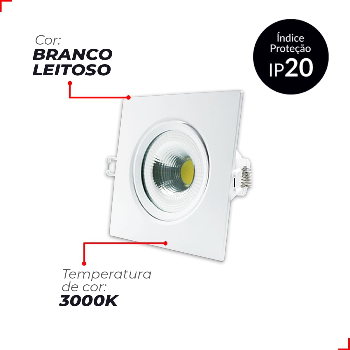 Kit Spot LED, 5 unidades, 5W, Luz amarela 3000K, Embutir, Quadrado, Bivolt, Avant