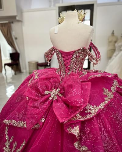 Gold Appliques Quinceanera Dresses with Bow Ruffled Ball Gown with Tiered Train Gorgeous Sweet XV Dresses SE0364