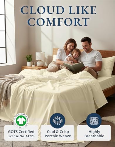 Image of LANE LINEN 100% Organic Cotton California King Sheets Set, 4-Piece Pure Organic Cotton Long Staple Percale Weave Soft Best Bedding Sheets for Bed, Breathable, Fits Mattress Upto 15 inch Deep - Natural