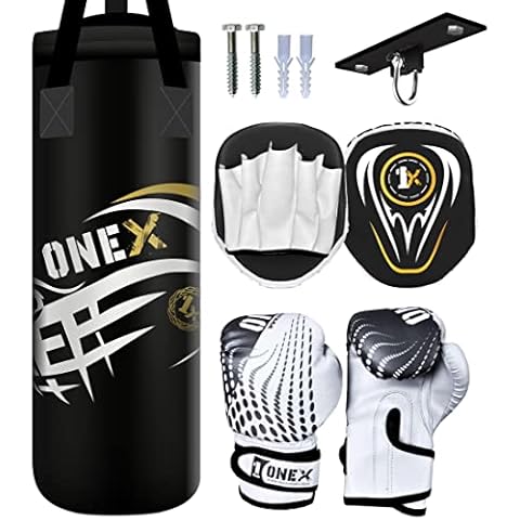 ONEX Kids *Punching bag* Gloves Skipping Rope Boxing Bag Rucksack Mount Hook Set 2ft Black Set, Perfect for Junior/Children Workout (Black) Cover