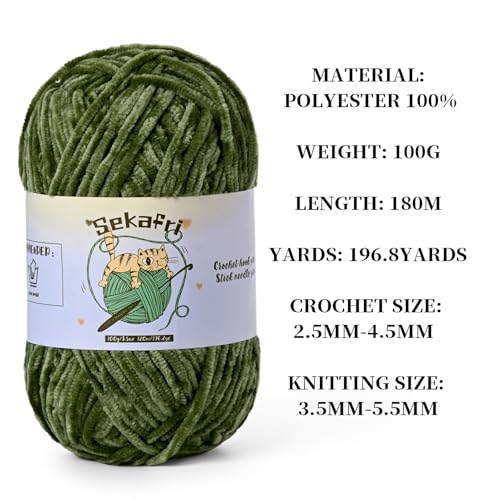 Image of Fuzzy Chenille Yarn for Crocheting, Fluffy Amigurumi Crochet Yarn for DIY Craft /Hat /Shoes, (100g /197yds) Soft Velvet Baby Blanket Yarns(Army Green)