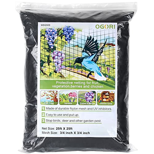 OGORI 25' x 25' Bird Netting Heavy Duty Nylon 3/4' Mesh Garden Netting Protect Fruit Trees, Plants and Vegetables