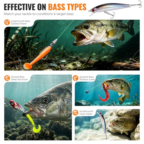PLUSINNO Bass Fishing Lures - 307PCS Professional Bass Fishing Kit with 6 Pre-Rigged Rigs, All Water Depths Fishing Tackle Box Kit, Fishing Gear Lure Kit Gift for Men Freshwater Bass Trout Walleye — view 4