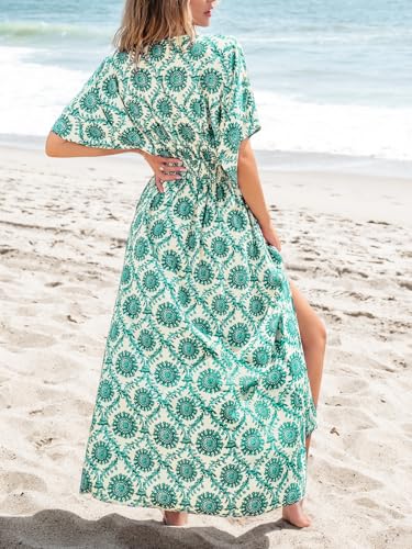 Image of CUPSHE Women's Summer Boho Maxi Dress Paisley Floral V Neck Smocked Dress Beach Vacation Slit Hem Flowy Dress with Pockets