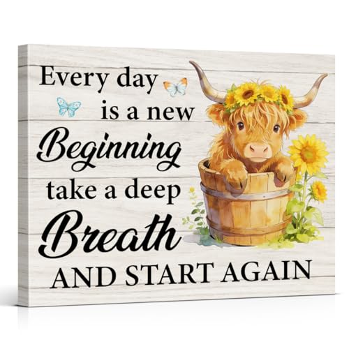 Highland Cow Motivational Canvas Wall Art Every Day Is a New Beginning Inspirational Poster Painting Wall Decor Highland Cow Sunflower Picture for Home Living Room Bathroom Decorations, 8x10 Inch