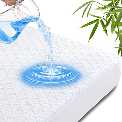 100% Waterproof Mattress Protector Twin Size, Bamboo Mattress Pad Cover Breathable Noiseless, Fitted Style with Deep Pockets (8-21"), Machine Washable (White, 39x75”)