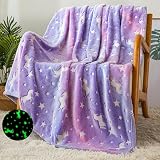 BKABRYHJJ Glow in The Dark Unicorn Blanket, Girls Blanket for Age 3 4 5 6 7 8 9 10 11 12 Year Old, Gifts for Birthday, Valentines Day, Christmas, Bedroom Decor 50 x 60 Inch, Purple