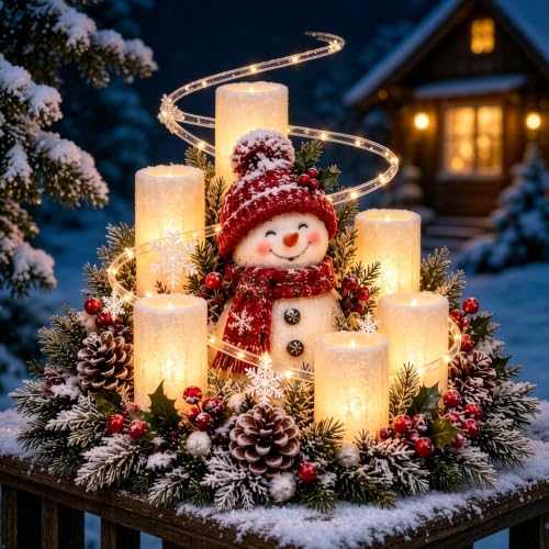 Snowman Christmas Table Centrepiece, Flameless LED Candles, Wreath