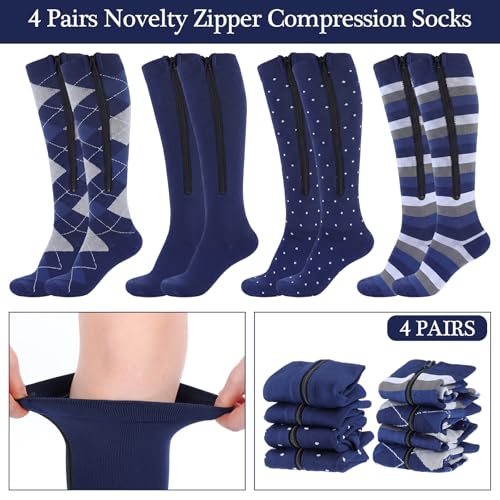 Image of Tarpop 4 Pairs Men Zipper Compression Socks Colorful 20-30mmhg Compression Stockings with Zipper for Men Women Swelling Edema
