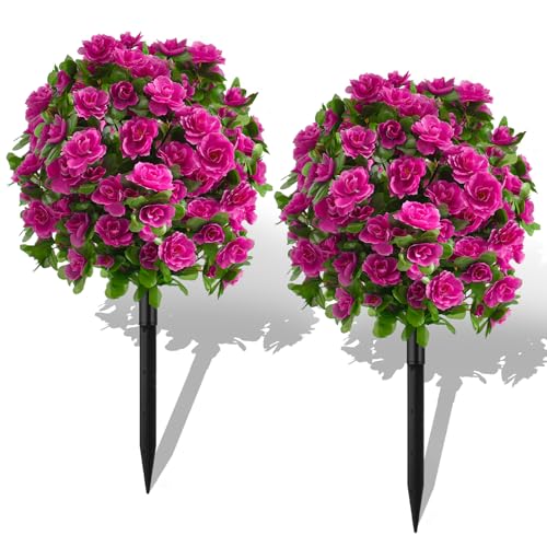 2 Pack Artificial Flowers Topiary, 22.83''Artificial Topiary Ball Trees Flower Azalea with Ground Spike, Fake Silk Plants UV Resistant Faux Bushes Plants Indoor Outside Garden Festival Decor (Purple)
