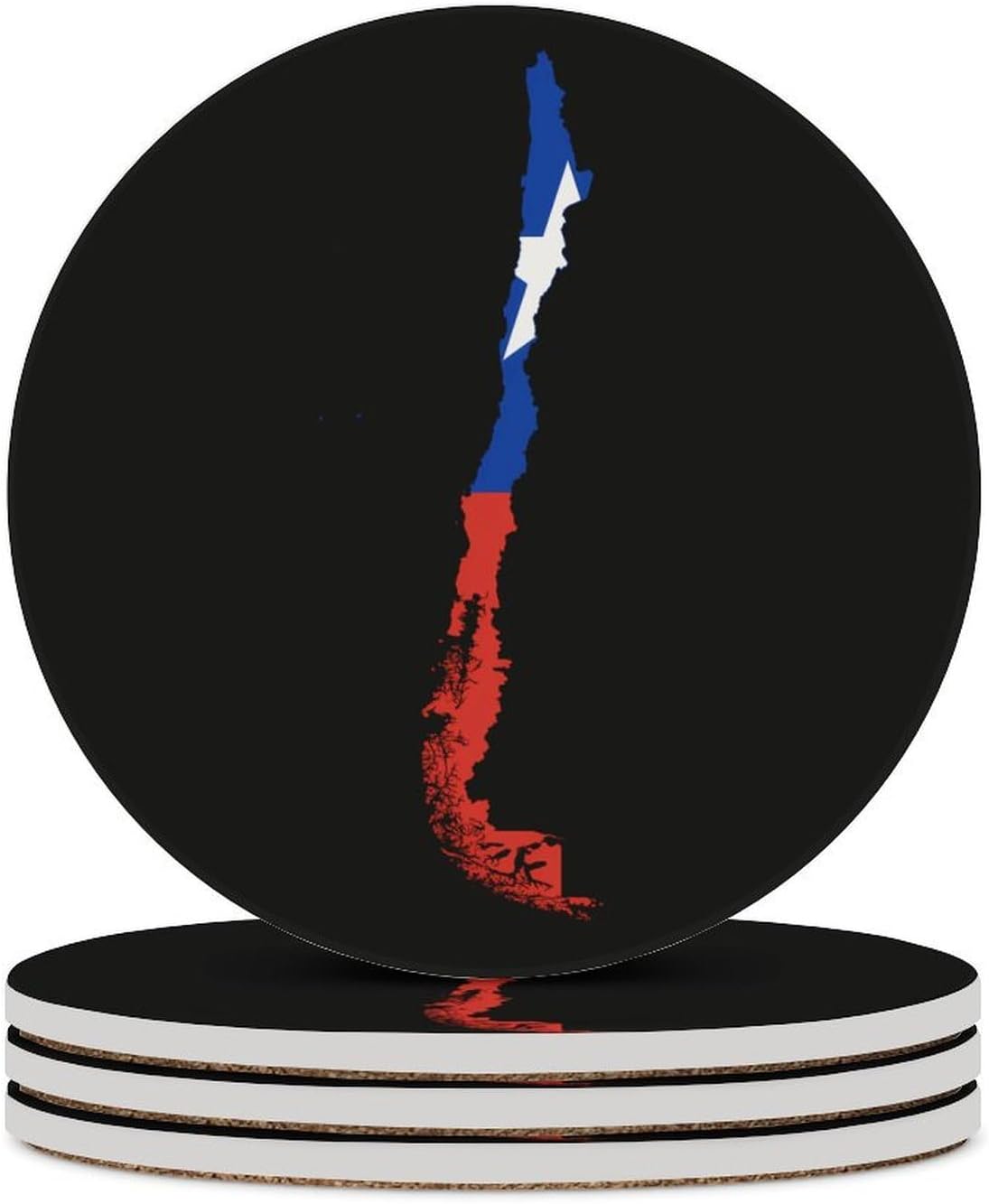 Flag Map of Chile Round Ceramic Coasters for Drinks Absorbent Cup Holder Tabletop Protector with Cork Base