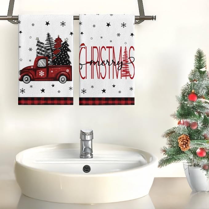 Christmas Hand Towel Set of 2, Red Truck Hand Towels, 18x26 Inch, Merry Christmas Tree Towel for Bathroom Home Kitchen, Soft Towel Red Buffalo Plaid Decoration, Winter Holiday Decor Towels - Image 2