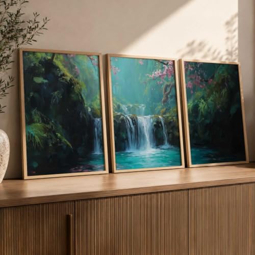 Image of kotart Abstract Nature Art Framed Paintings | Big Aesthetic Waterfall View Painting | Vastu Frames for Bedroom Living Room Wall Decor Set Of 3 (35x37 Inch)
