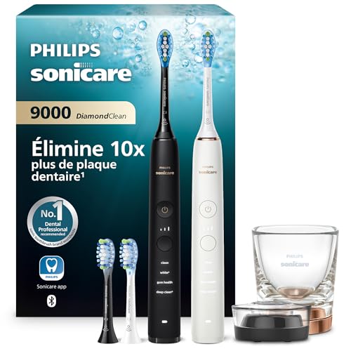 Philips Sonicare DiamondClean 9000 – Brosses à dents électriques connectées pour une meilleure hygiène des dents et des gencives, Noir Rose or, Lot de 2, modèle...