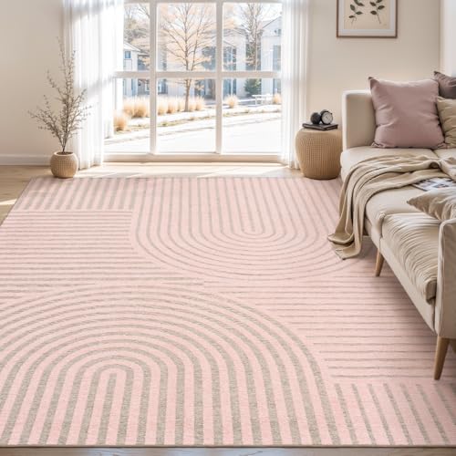 Tapis Boho 5x7 lavable machine salon géométrique rose