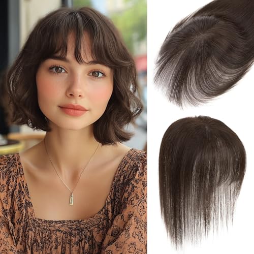 S-noilite Hair Toppers for Women with Bangs Human Hair 360°3D Cover Clip in Wispy Bangs Short Topper Hairpieces for Women Dark Brown