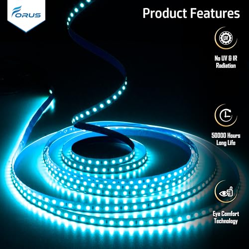 Image of Forus 5 Meter (5M) 8mm Ice Blue LED Strip Light, 120 LEDs /M Plug & Play Flexible Lighting for Home Decor, False Ceiling, Pooja Room, Living Room, Kitchen, Mirror, Stairs, 2-Year Warranty