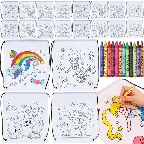 Tianher Sacs à cordon pour enfants, 20 Sacs à Dos à Colorier avec 12 Crayons de Couleurs,Sac de sport à cordon,Kit Cadeaux Anniversaire pour enfants,...