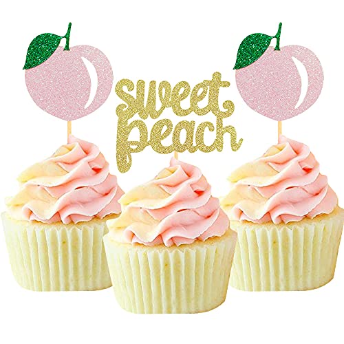 24Pcs Glitter Sweet Peach Cupcake Toppers Fruits Theme Party Dessert Cupcake Picks for Summer Birthday Baby Shower and Tropical Party Decoration Supplies