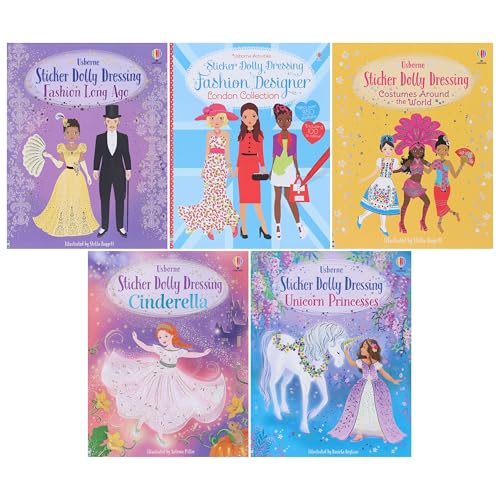 Image of Usborne: Sticker Dolly Dressing Collection Illustrated 5 Books Set (Fashion Long Ago, Fashion Designer London Collection, Costumes Around the World, Cinderella & Unicorn Princesses)