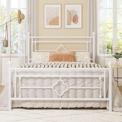 Allewie Full Size Metal Platform Bed Frame, Victorian Headboard, White