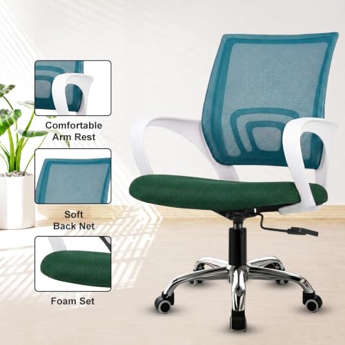 Image of Casa Copenhagen Mesh Mid Back Office /Study /Computer /Revolving /Desk Chair for Work from Home -Metal Base, Height Adjustable Seat - Green & White Handle