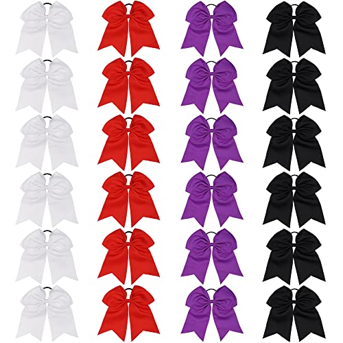 24Pcs Cheer Bows Hair Ties For Girls, 6Inches Large Grosgrain Ribbon Ponytail Holder For School Cheerleading College Sports Elastic Bands(Black Red Purple White) #TOP18