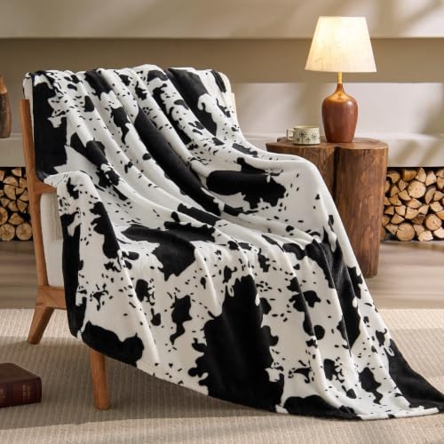 BEDELITE Fleece Blanket Soft Plush Twin Size Blanket Black Cow 60"x80"