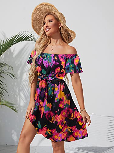 Image of Off Shoulder Ruffle Dress for Women, A-Line Mini Dress with Belt, Fitted Bust Summer Wedding Guest Dress