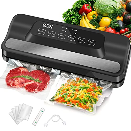 QDH Vacuum Sealer Machine With Built-in Cutter, 95kPa Pro Vacuum Food Sealer, Automatic 5-in-1 Food Sealer Led Indicator Lights,Easy to Clean,Dry & Moist Food Modes,Compact Design (Black)