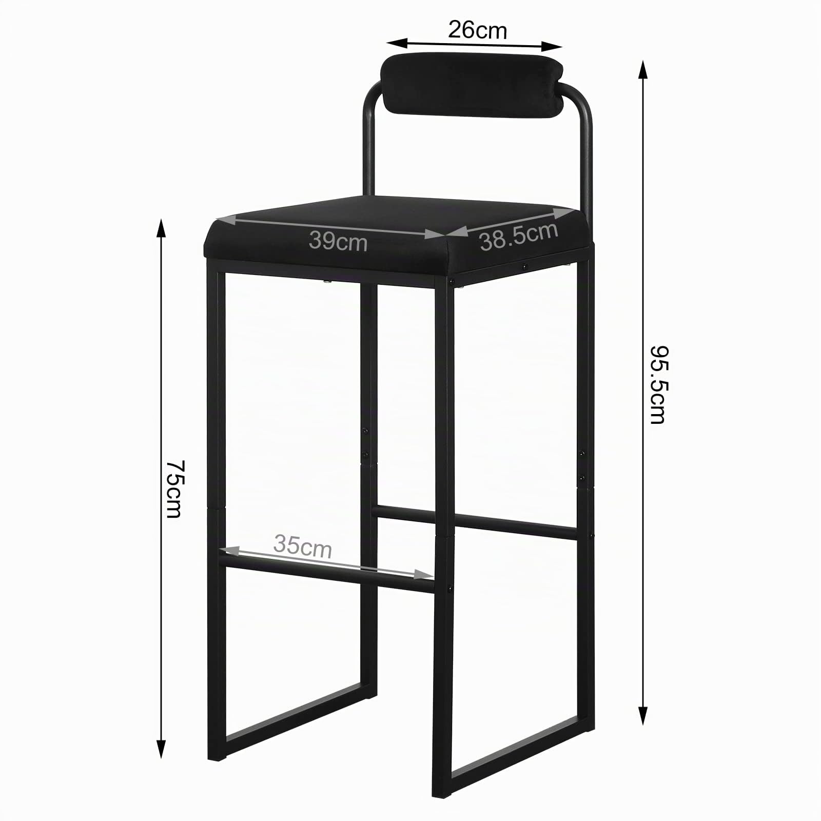 WOLTU Taburetes Altos Cocina Juego de 2 con Respaldo Bajo, Asiento Cuadrado Tapizado en Terciopelo, en Estructura de Metal, Negro