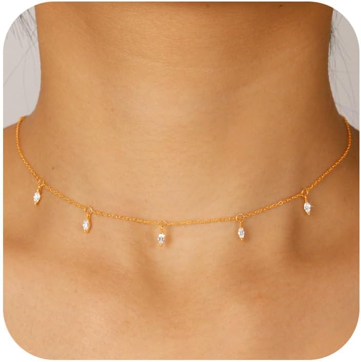 XAYAH 925 Sterling Silver Marquise Cubic Zirconia Necklaces for Women Dainty 14k Gold Plated Eye Shaped Crystal Diamond Pendant Necklace Choker to Daughter Mom Charm Chain Valentines Day Jewelry Gifts