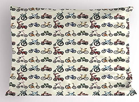 Ambesonne Sports Pillow Sham, Colorful Composition of Bicycles Boys Girls Riding Sports Activity Theme Pattern, Decorative Standard Size Printed Pillowcase, 26" X 20", Indigo Red