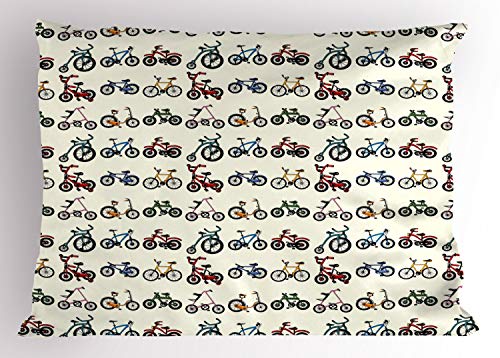 Ambesonne Sports Pillow Sham, Colorful Composition Of Bicycles Boys Girls Riding Sports Activity Theme Pattern, Decorative Standard Size Printed Pillowcase, 26" X 20", Indigo Red #TOP9