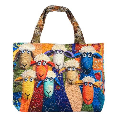 Quilted Tote Bag for Women 3D Sheep Vintage Hobo Eye-Catching Lightweight Soft Shoulder Bag for Everyday Use (F05 L: 15.8 x 16.9 x 3.9)
