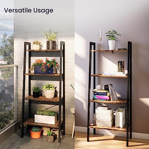 Ballucci Ladder Shelf Bookcase, 4-Tier Storage Rack, Display Bookshelf & Plant Stand, Wood With Black Steel Frame, Accent Furniture For Living Room, Office, Bathroom, Bedroom - Rustic Brown #TOP3