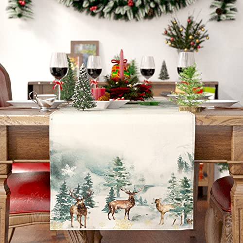 Siilues Winter Table Runner, Watercolor Deer Winter Decorations Snowflake Winter Runner For Table Seasonal Winter Holiday Decor For Dining Table Decorations (13'' X 72'') #TOP2